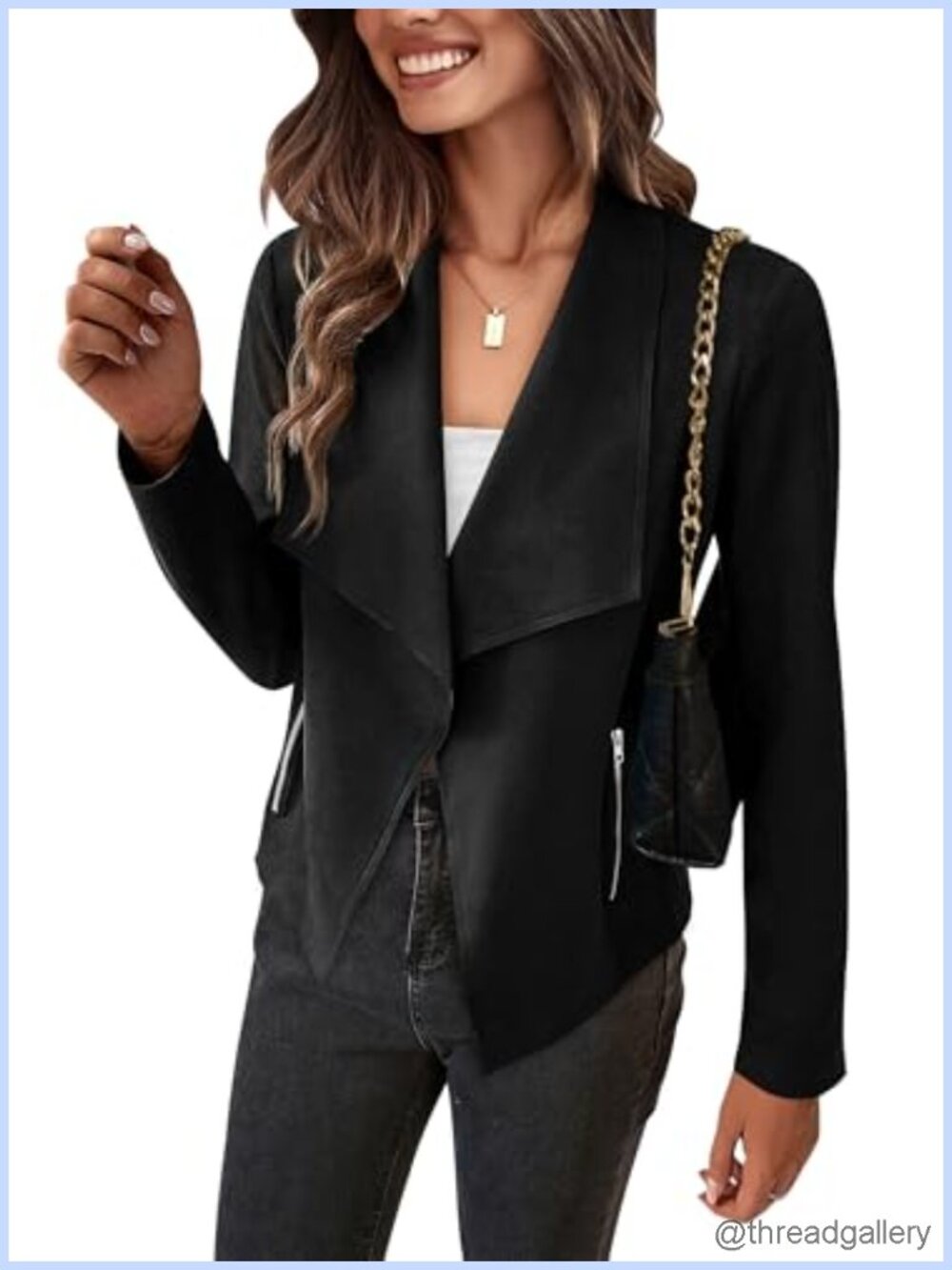 Faux Suede Jacket Women Waterfall Collar Cropped Coat with Pockets